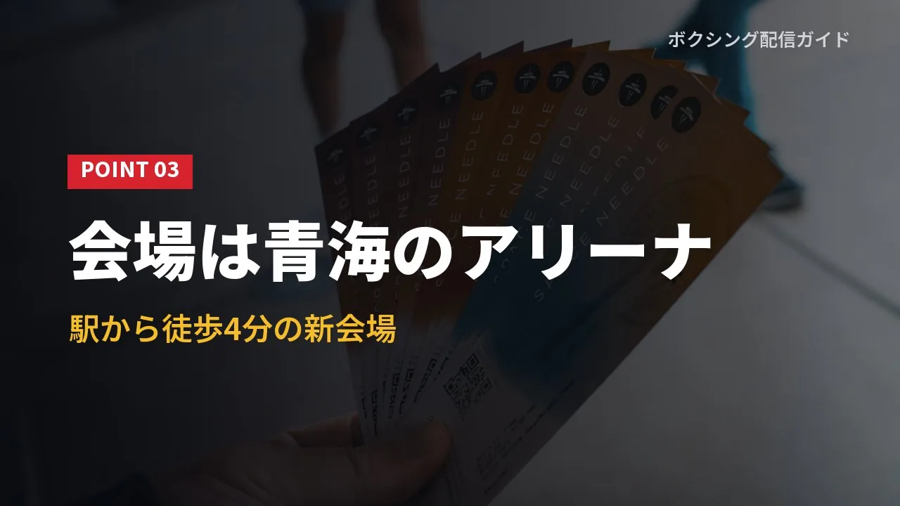 会場のトヨタアリーナ東京が青海駅から徒歩4分であることを示すバナー