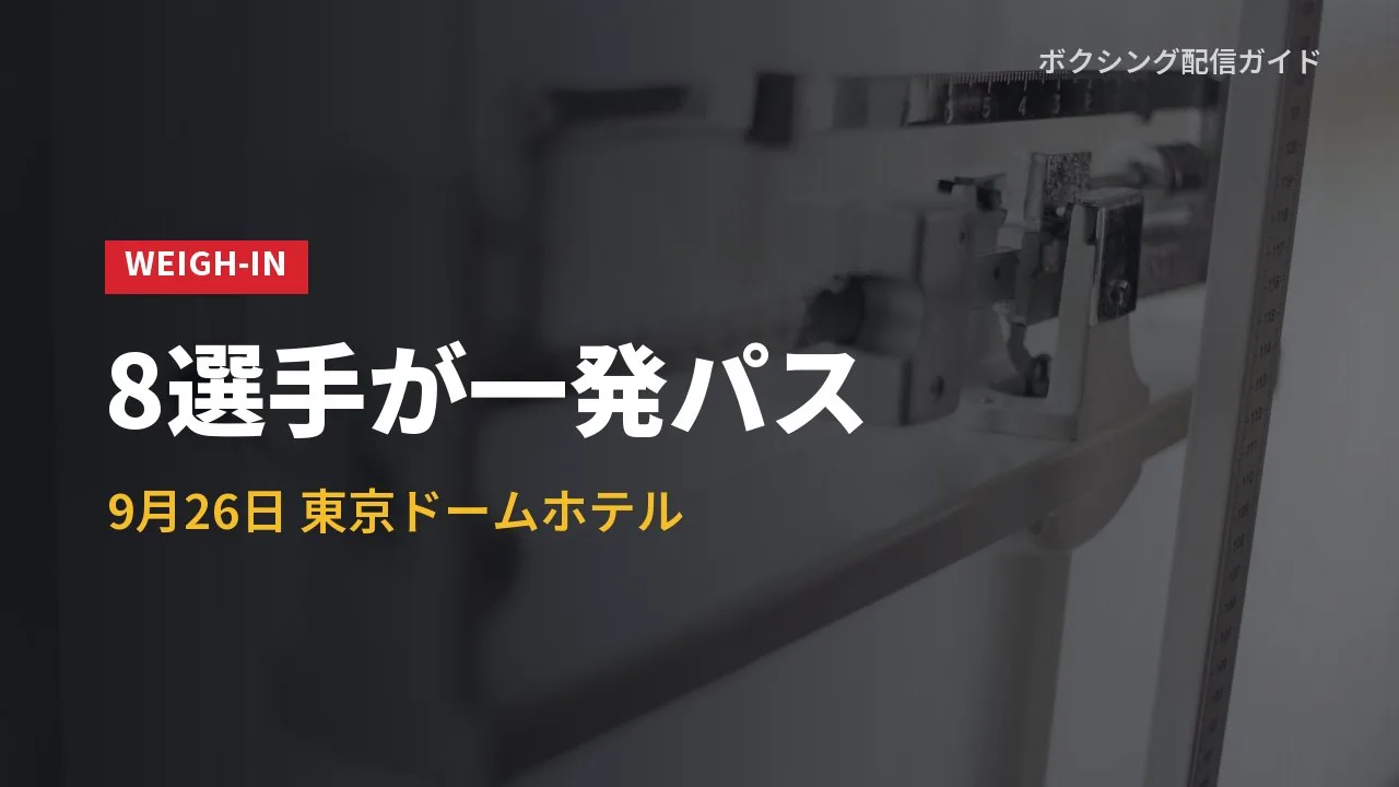 4大世界戦の前日計量で8選手がパスしたことを示すバナー