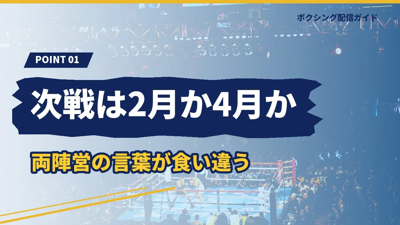 井上尚弥の次戦の時期で両陣営の言葉が食い違っていることを示すバナー