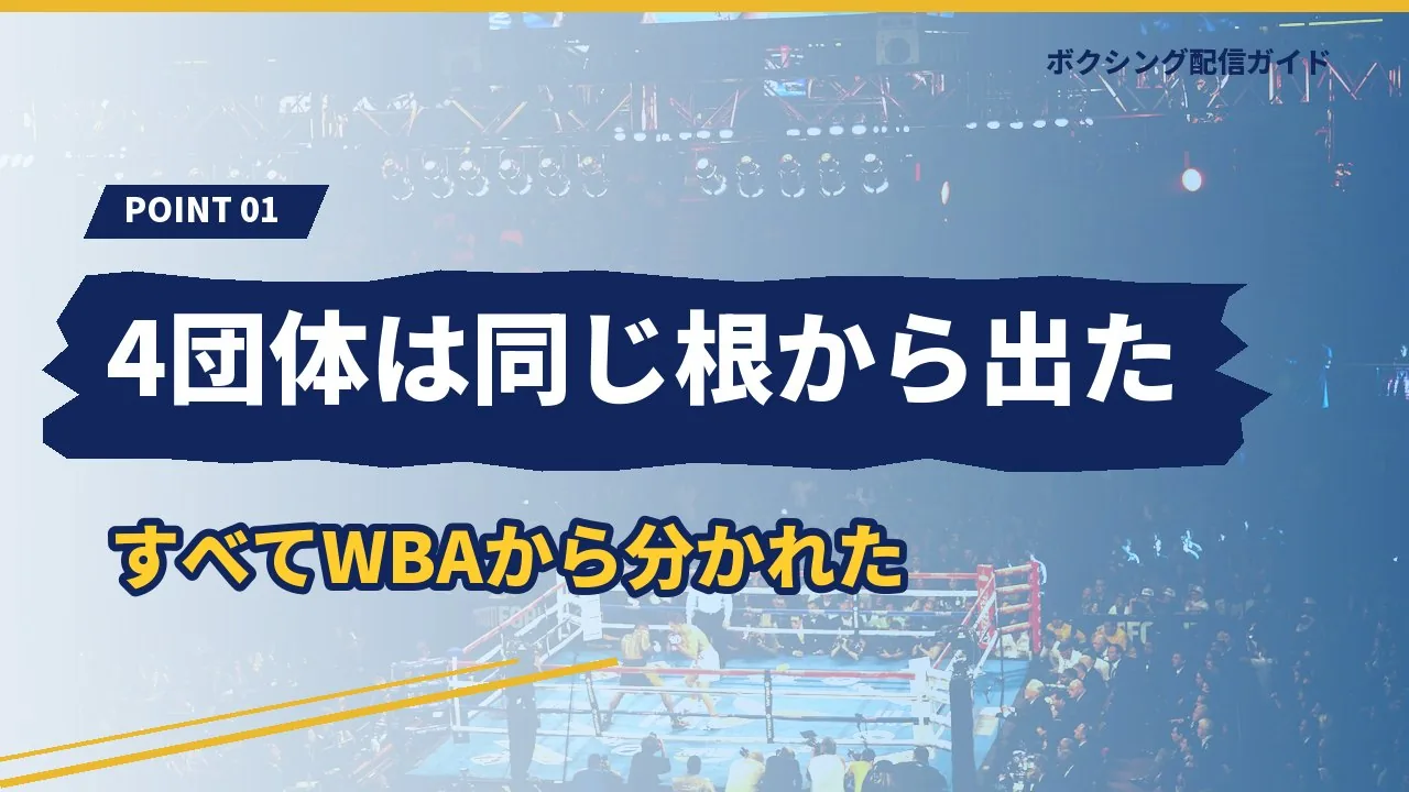 4団体がすべてWBAから分かれて生まれたことを示すバナー