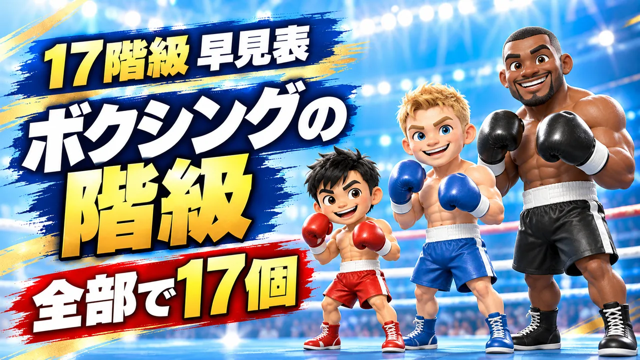 ボクシングの階級が全部で17個あることを示すアイキャッチ（体格の違う3人のボクサーのイラスト）