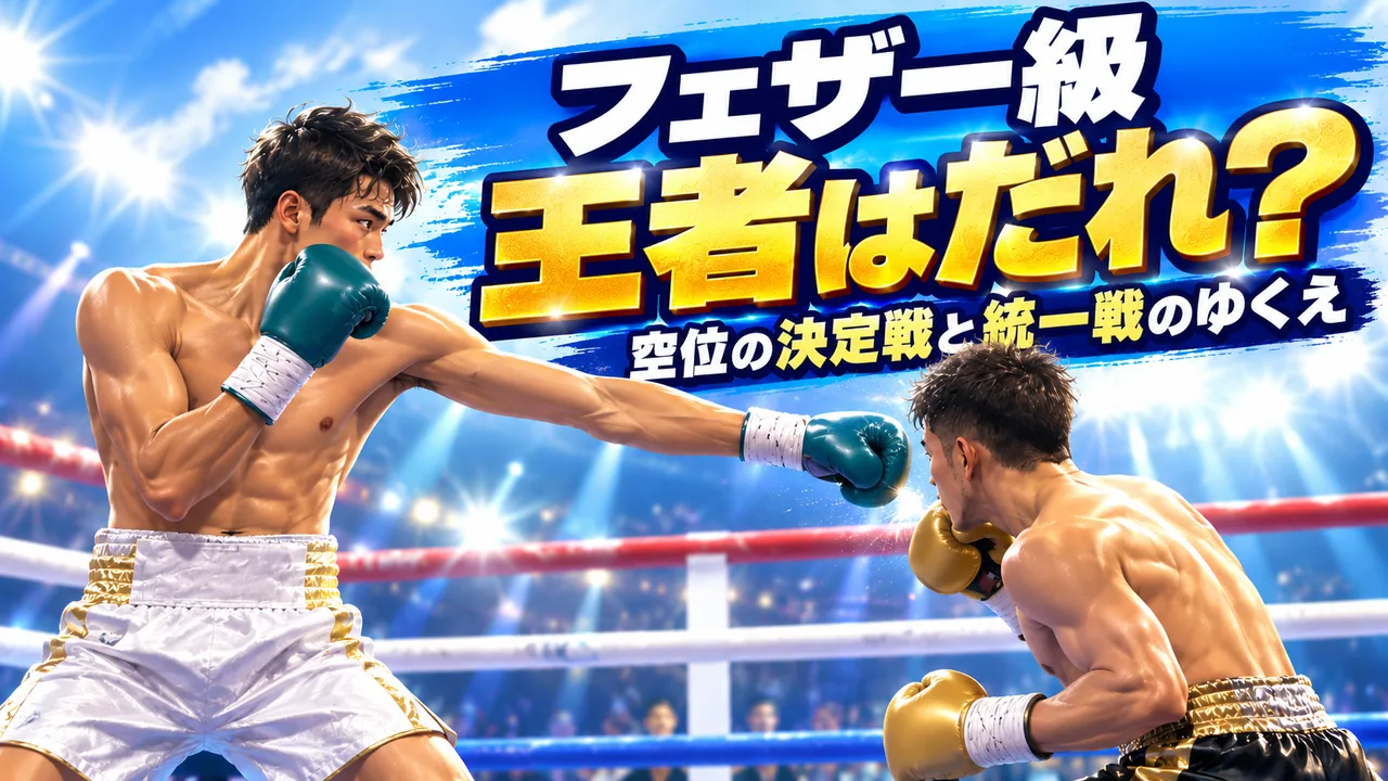 背の高いボクサーが長い左ジャブで相手を止める場面に「フェザー級 王者はだれ？」の文字を入れたアイキャッチ